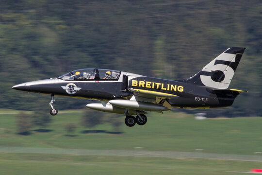 Breitling Jet Team aerobatic formation performaing at an airshow in Zeltweg, Austria
