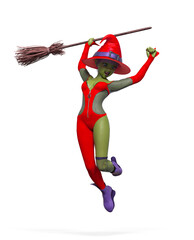 witch girl is hanging on the broom