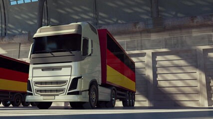 Cargo trucks with Germany flag. Trucks from Germany loading or unloading at warehouse dock. 3d rendering