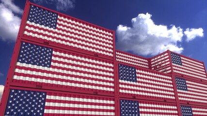 USA flag containers are located at the container terminal. American export or import concept, 3d rendering