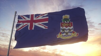Flag of Cayman Islands waving in the wind, sky and sun background. 3d rendering