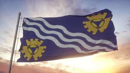 Merseyside flag, England, waving in the wind, sky and sun background. 3d rendering