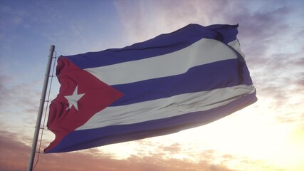 Flag of Cuba waving in the wind, sky and sun background. 3d rendering