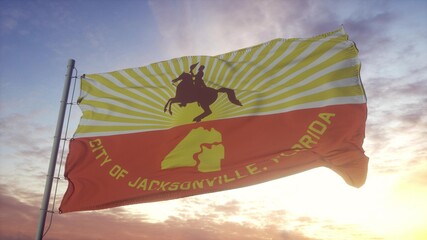 Jacksonville city flag waving in the wind, sky and sun background. 3d rendering