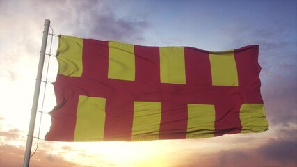 Northumberland flag, England, waving in the wind, sky and sun background. 3d rendering