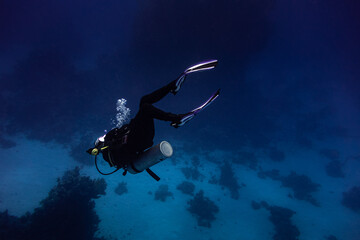 Obraz na płótnie Canvas Woman scuba diver swimming in deep blue upside down