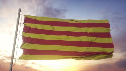 Roussillon flag, France, waving in the wind, sky and sun background. 3d rendering