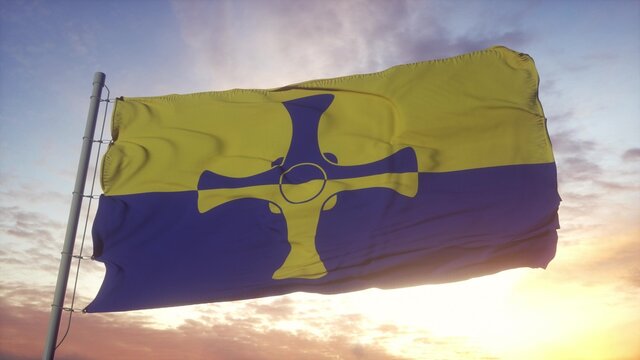 County Durham flag, England, waving in the wind, sky and sun background. 3d rendering