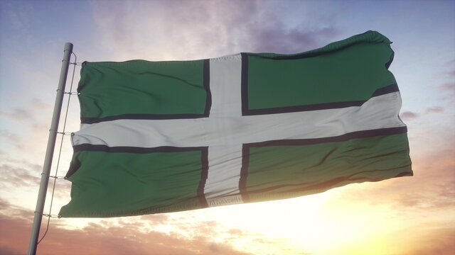 Devon flag, England, waving in the wind, sky and sun background. 3d rendering