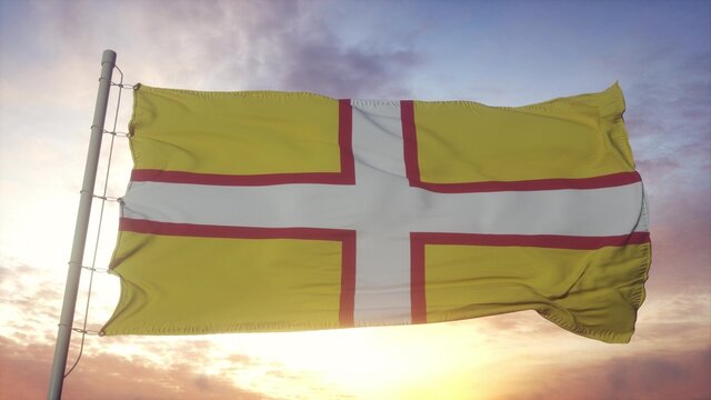 Dorset flag, England, waving in the wind, sky and sun background. 3d rendering