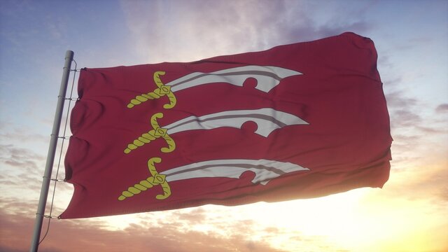 Essex flag, England, waving in the wind, sky and sun background. 3d rendering
