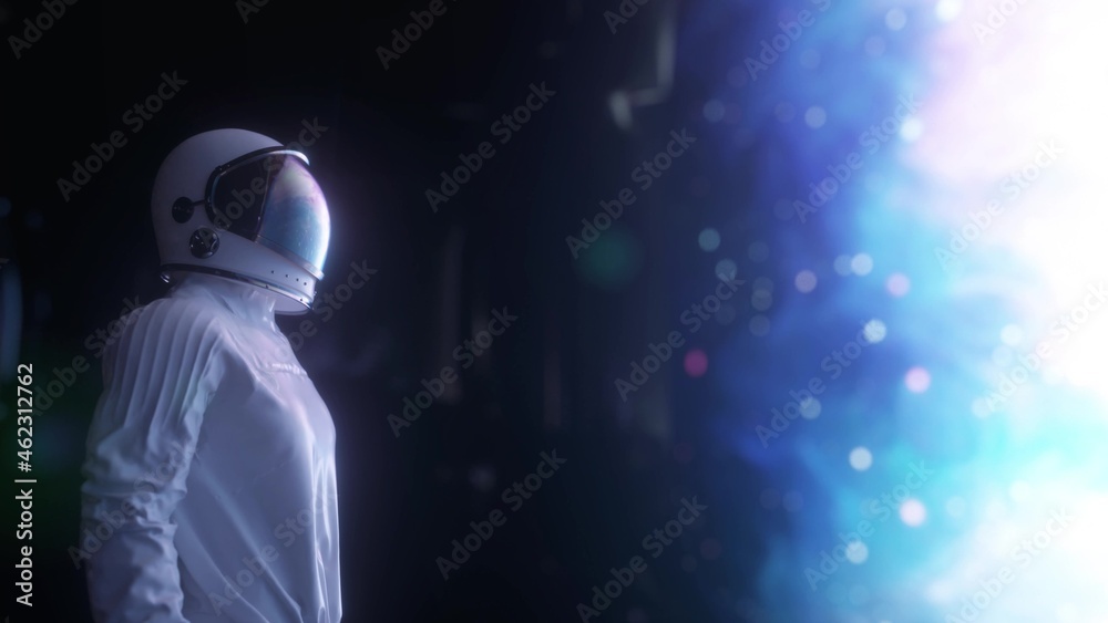 Wall mural astronaut in futuristic spaceship, room. 3d rendering