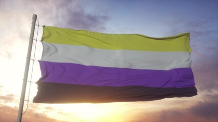 Non-binary pride flag waving in the wind, sky and sun background. 3d rendering