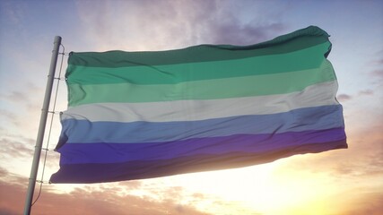 MLM pride flag waving in the wind, sky and sun background. 3d rendering
