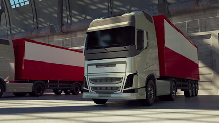 Cargo trucks with Poland flag. Trucks from Poland loading or unloading at warehouse dock. 3d rendering