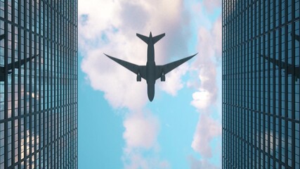 Fototapeta na wymiar Airplane flies to the tops of the skyscrapers. Look up view at skyscrapers and flying plane. 3d rendering