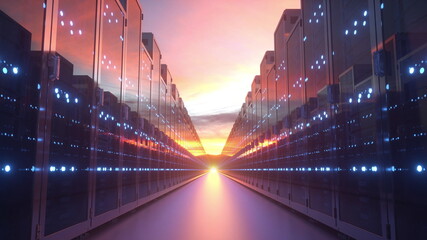 Servers at sunset, cloud technology concept. 3d rendering - obrazy, fototapety, plakaty