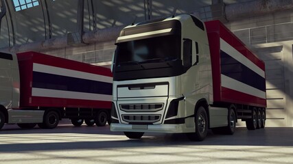 Naklejka premium Cargo trucks with Thailand flag. Trucks from Thailand loading or unloading at warehouse dock. 3d rendering