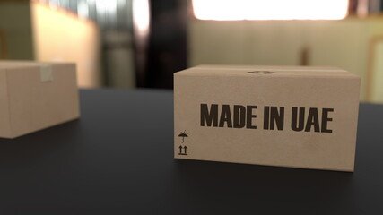 Boxes with MADE IN UAE text on conveyor. United Arab Emirates goods related. 3d rendering