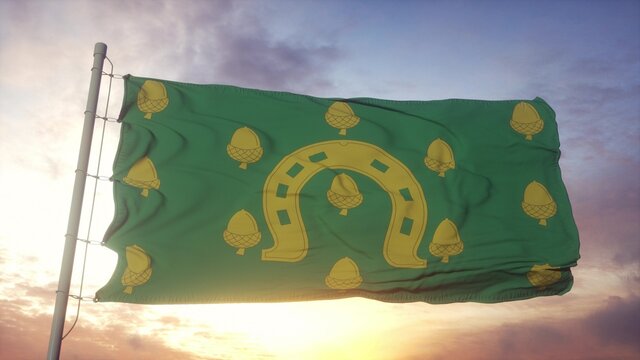 Rutland flag, England, waving in the wind, sky and sun background. 3d rendering