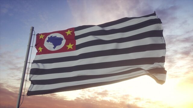 Sao Paulo State Flag waving in the wind, sky and sun background. 3d rendering