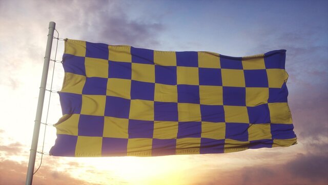 Surrey flag, England, waving in the wind, sky and sun background. 3d rendering