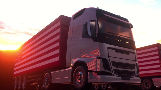 Semi-trailer trucks load or unload at warehouse bays with flag of the USA. American logistics concept. 3d rendering