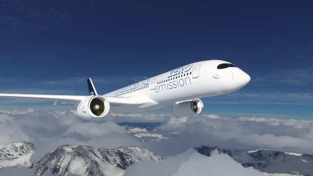 Blue Hydrogen filled H2 Aeroplane flying in the sky - future H2 energy concept.