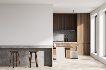 Bright kitchen room interior with empty white wall, two barstools