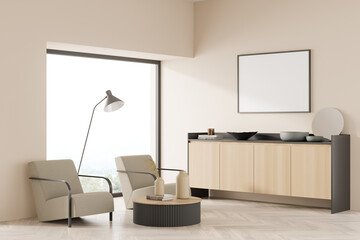 Corner view on bright living room interior with empty poster