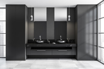 Naklejka na ściany i meble Dark bathroom interior with double sinks, two mirrors, panoramic window