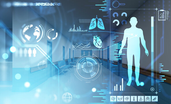 Digital interface with hologram of human body and hud icons