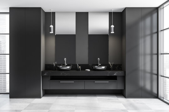 Dark bathroom interior with double sinks, two mirrors, panoramic window