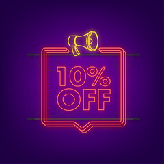 10 percent OFF Sale Discount neon banner with megaphone. Discount offer price tag. 10 percent discount promotion flat icon with long shadow. Vector illustration