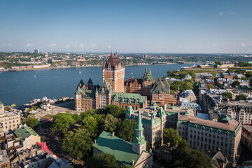 Aerial view of Quebec City including historical landmark Frontenac castle during summer in Quebec, Canada, North America. 