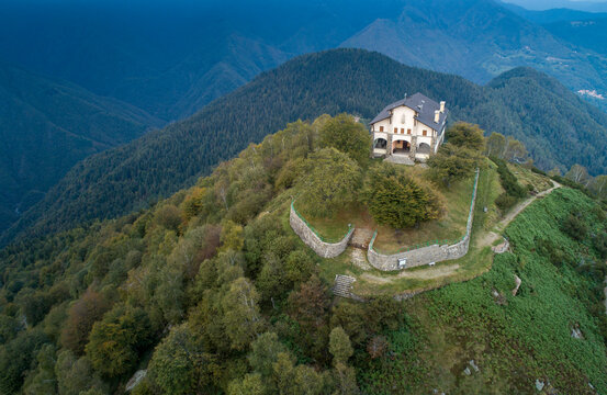 Little church on mountain top. Sanctuary of San Bernardo, erected in the 14th century on Monte Rubello, in Trivero, Biella pre-Alps, Piedmont, Italy.