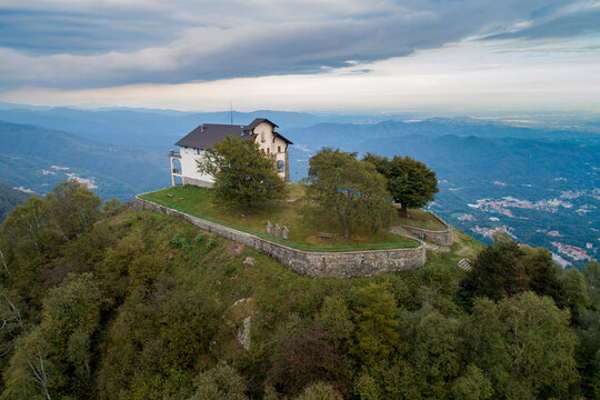 Little church on mountain top. Sanctuary of San Bernardo, erected in the 14th century on Monte Rubello, in Trivero, Biella pre-Alps, Piedmont, Italy.