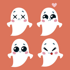 A set of cute ghosts with different emotions on an orange background. Vector illustration of a Halloween character in cartoon childish style. Isolated funny clipart
