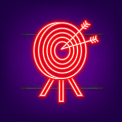 Target with an arrow icon concept market goal. Neon icon. Vector illustration