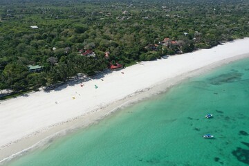 Aerial view: Beautiful white sand Diani beach in Kenya