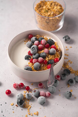 Bowl of homemade yogurt with granola and frozen berries