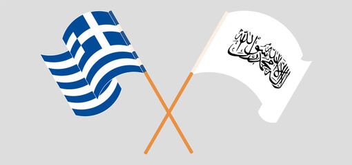 Crossed and waving flags of Greece and Taliban