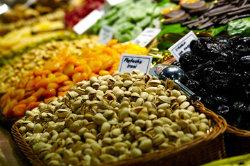 Pistachio and prunes at the La Boqueria market.