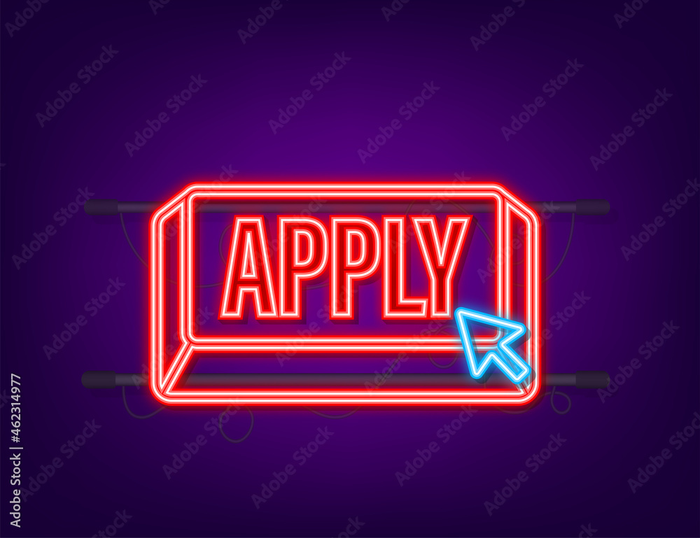 Poster apply with cursor button. internet neon icon. pointer click icon. vector stock illustration