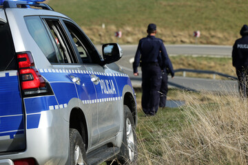 Terenowy radiowóz polskiej policji w czasie patrolu w górskim terenie - obrazy, fototapety, plakaty