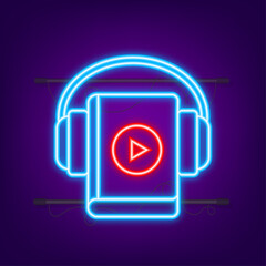 Concept audio book for web page, banner, social media. Neon style. Vector illustration