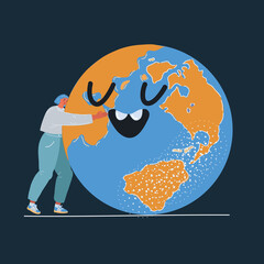 Vector illustration of Young woman hugging the Earth on dark backround.