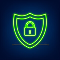 Cyber security vector logo with shield and check mark. Security shield concept. Internet security. Neon style. Vector illustration
