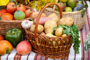 Obraz na płótnie Canvas Autumn background and harvest in a wicker basket. Exhibition of autumn harvest