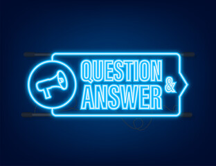 Question and Answer banner. Neon icon. Megaphone banner. Web design. Vector stock illustration